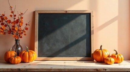 Autumnal Still Life with Blank Chalkboard and Pumpkins