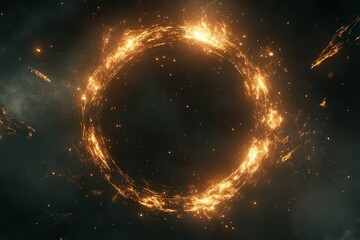 Circular Formation of Glowing Fire Particles in Dark Space, Representing Cosmic Phenomena and Abstract Imagination of Stellar Environments with Fiery Elements