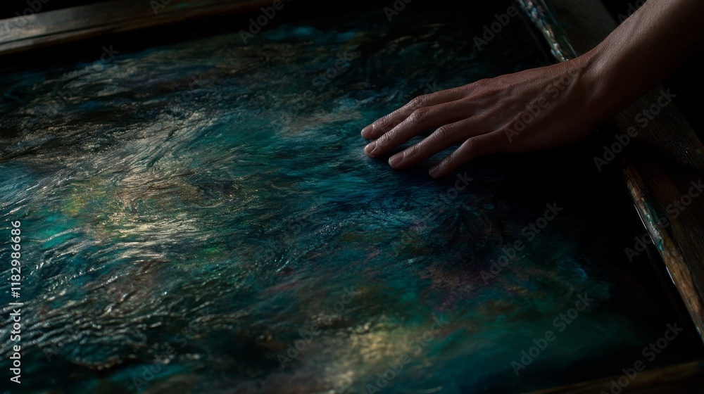 Poster close-up of a hand touching an abstract artwork with colorful textures and fluid patterns in a dimly