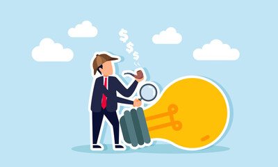 A businessman as a detective with a cigarette emitting dollar coin smoke and a magnifying glass observing a lamp, illustration of analyzing creative ideas to boost business revenue