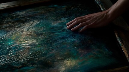 Fototapeta premium Close-Up of a Hand Touching an Abstract Artwork with Colorful Textures and Fluid Patterns in a Dimly Lit Environment