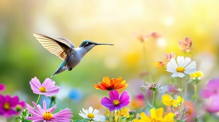 Naklejka premium Hummingbird hovering near colorful flowers, symbolizing biodiversity