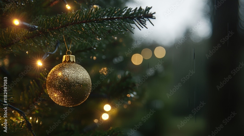 Poster close-up of a sparkling gold christmas ornament hanging from a lush evergreen tree with soft bokeh l