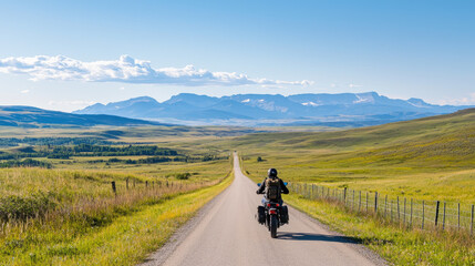 Fototapeta premium motorcyclist rides on scenic road through mountains