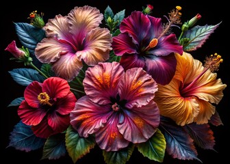 Grunge Oil Painting Hibiscus Flowers: Night Photography, Isolated PNG