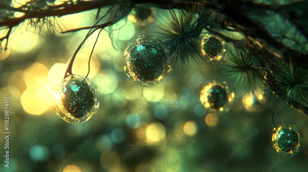 Poster close-up of glimmering ornaments hanging from pine branches with soft bokeh background creating a ma