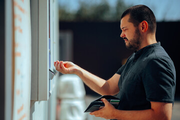 Man Using a Token Machine Inserting Coins. Person using self-service machinery for instant payment 
