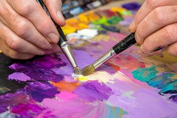 Close-Up of Hands Holding Paintbrushes Mixing Vibrant Acrylic Colors on a Colorful Palette for Creative Art Projects in a Studio Setting