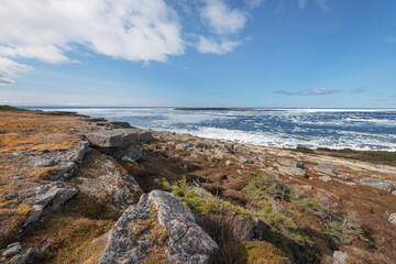 Labrador coast looking out to Strait of Belle Isle, Newfoundland and Labrador, Canada.