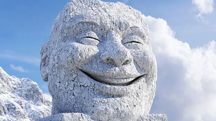 Obraz premium Smiling Stone Face Sculpture in Snowy Mountain Landscape Winter Scene