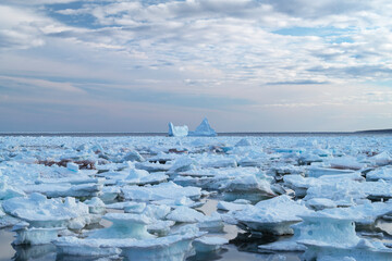 Iceberg and pack ice in Strait of Belle Isle, south coast of Labrador, Newfoundland and Labrador, Canada. © Danita Delimont