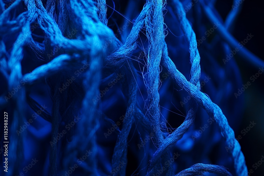Aufkleber close-up of intricate blue twisted threads in vibrant contrasts and textures, capturing depth and de