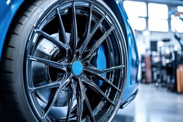 Close-Up View of a Sporty Alloy Wheel Showcasing Intricate Design and Shine in Modern Automobile Workshop Setting with Soft Natural Lighting