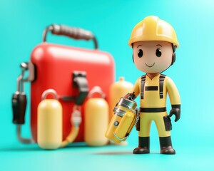 Fototapeta premium A cheerful toy firefighter holds a yellow extinguisher, standing next to a red emergency kit on a vibrant blue background.