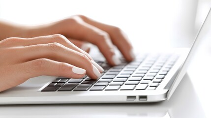 Close-Up View of Elegant Female Hands Typing on a Modern Laptop Keyboard with a Soft Illuminated Background Capturing the Essence of Digital Communication and Productivity