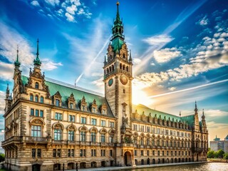 Fototapeta premium Hamburg City Hall Clock Tower, Germany - Majestic Architectural Detail Stock Photo