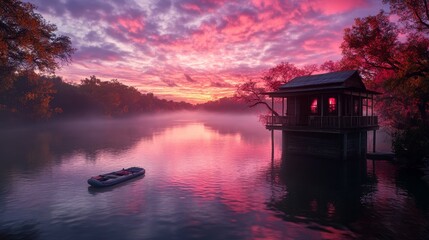 Fototapeta premium Serene River House Sunset Landscape with Inflatable Boat