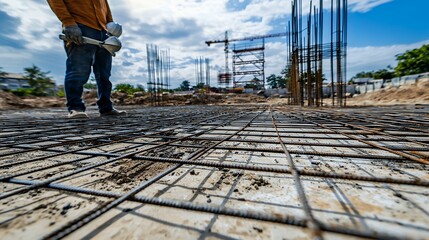 Construction Site: Reinforcing Steel Mesh for Foundation