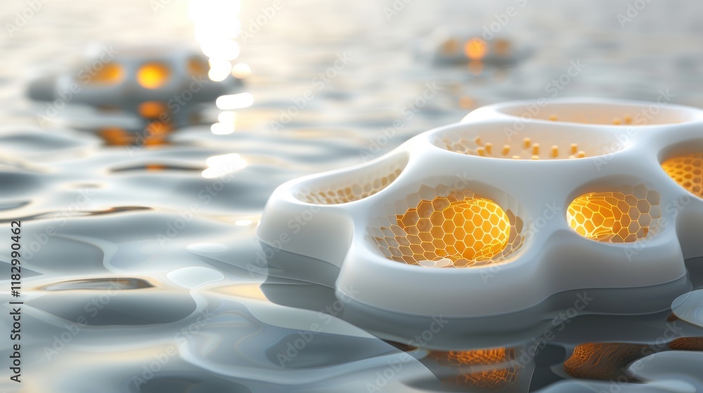 Poster abstract honeycomb structures floating on water at dawn