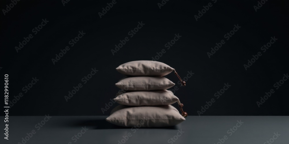 Poster stack of neutral colored fabric pouches on a dark surface