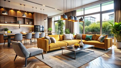 Fototapeta premium Modern Interior Candid Photography: Stylish Living Spaces, Natural Light, Contemporary Design, Open Concept, Warm Colors, Cozy Atmosphere,