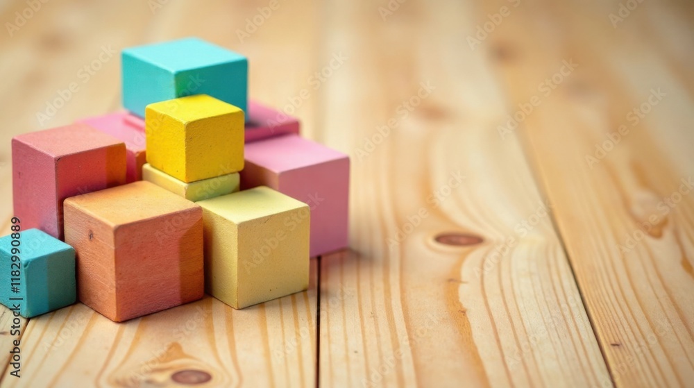 Aufkleber pastel-colored wooden blocks arranged on a light wood surface, creating a colorful and playful compo