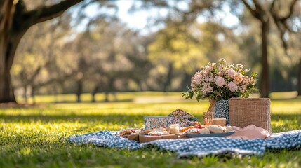 Naklejka premium Idyllic outdoor picnic scene with a beautiful floral arrangement and an assortment of appetizing snacks and food items laid out on a checkered blanket in a lush verdant park setting The peaceful