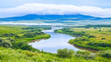 Serene River Valley Landscape Under Misty Mountains