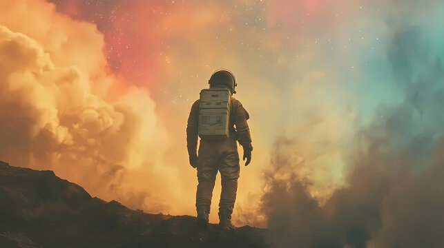 Astronauta su pianeta alieno cammina verso il cielo stellato colorato notturno cadente. Riversong. Illustration