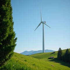 Obraz premium A wind turbine stands amidst a verdant landscape encircled by green trees signifying an environmentally conscious design
