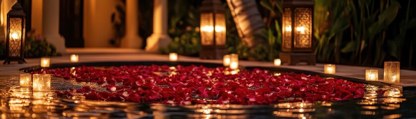 Serene evening ambiance with rose petals in water and glowing lanterns.