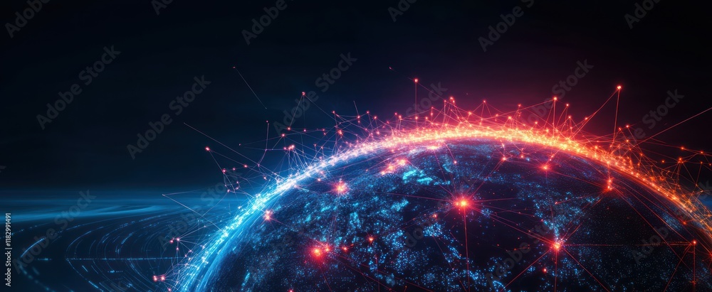 Aufkleber futuristic globe connected by neon lines in cyberpunk style with 5g network and internet of things