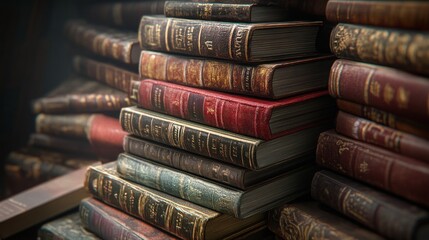 Stacked vintage books on a wooden shelf.