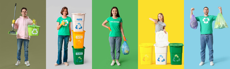 Set of people with garbage on color background. Global Recycling Day