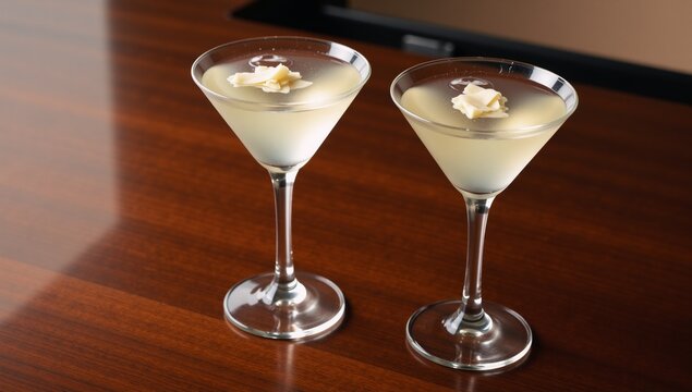 Cocktail glasses display martinis topped with Parmesan cheese on a bar