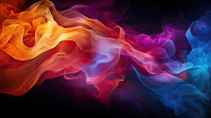 Dynamic Swirl of Vibrant, Colorful Smoke creating an Abstract Artistic Background with Flowing Patterns and Energy on a Dark Canvas, Evoking a Sense of Mystery and Grace
