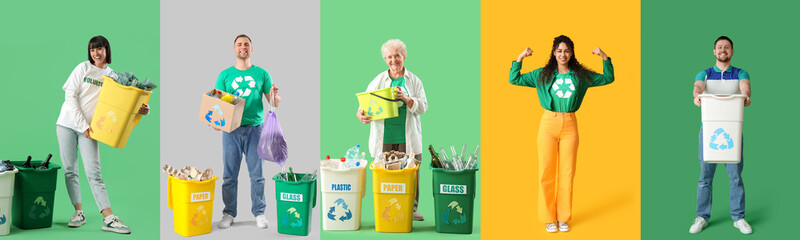 Set of people with garbage on color background. Global Recycling Day