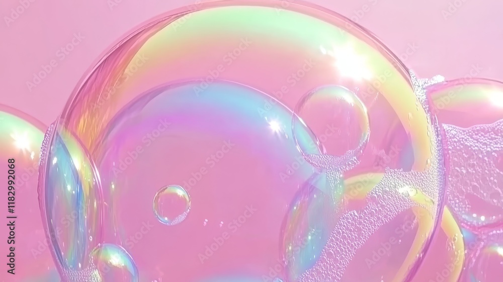Poster Colorful Soap Bubbles on a Soft Pink Background Capturing Light and Reflections in a Dreamy and Playful Atmosphere Ideal for Creative and Fun Projects