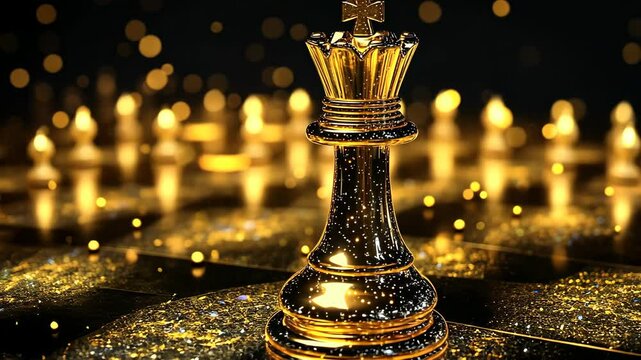 Golden chess king piece stands majestically on an illuminated board covered in small sparkling lights