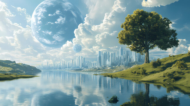 Climate engineering projects reversing global warming with geoengineering solutions and planetary-scale interventions. Riversong. Illustration