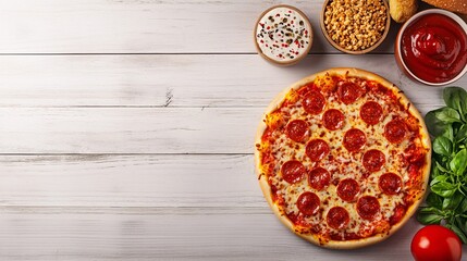 Delicious pepperoni pizza with sauce, cheese, and toppings on rustic wooden background.