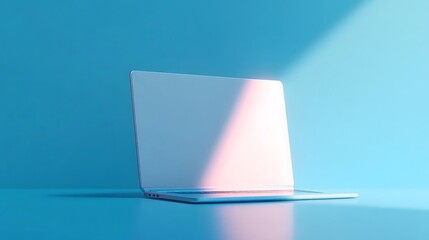 Sunlight shining on closed laptop on blue background