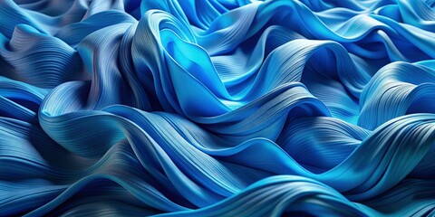 Obraz premium Immersive panoramic view of abstract blue fabric waves, rendered in 3D, showcasing fluid, wavy textile design.