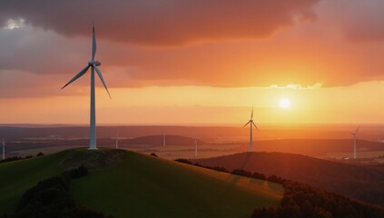 Obraz premium Wind Turbines glow against a sunset backdrop on scenic hills symbolizing renewable energy and environmental sustainability in idyllic farmland