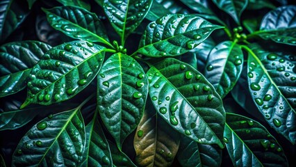 Night Photography: Close-Up Coffea Arabica Leaves - Dark Green Foliage, Dew Drops, Botanical Details