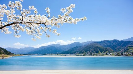 Serene Spring Landscape Cherry Blossoms Over River and Mountains