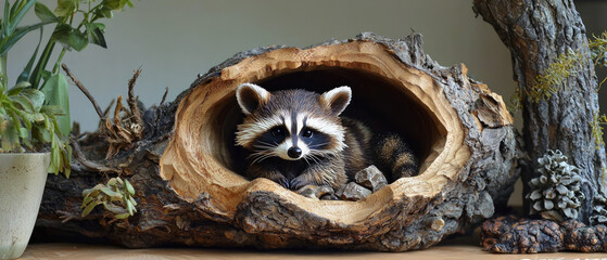 Obraz premium Cute raccoon inside a tree trunk with a hollowed-out interior, generative AI