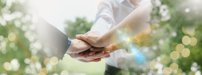 Panoramic Teamwork,empathy,partnership and Social connection in business join hand together...
