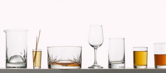 A stylish collection of cocktail glasses and objects in a minimalistic white-background cartoon style