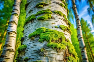 Panoramic Birch Bark Texture: Embossed Detail & Green Moss - High-Resolution Nature Photography
